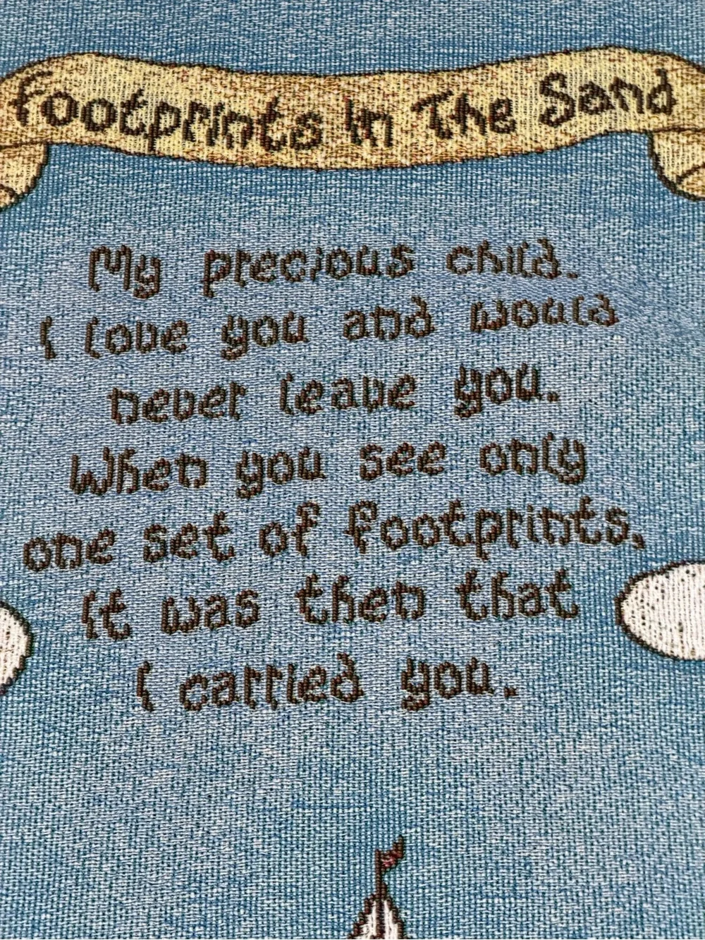 Precious Moments Footprints in Sand Tapestry Blanket Throw Fringe Vintage TZ1